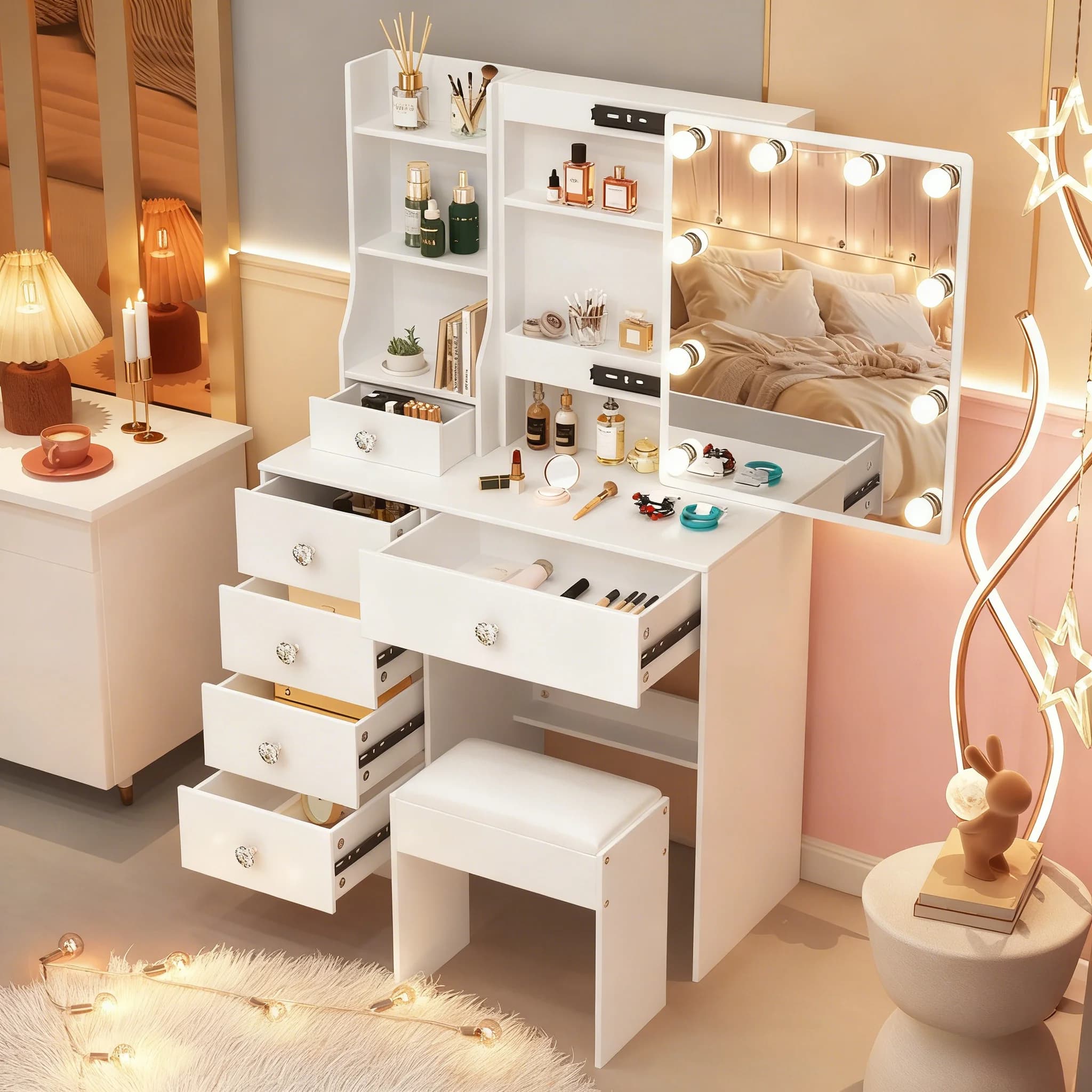 White Dressing Table With Led Mirror And Stool Set 6 Drawers Bedroom Hollywood Women Makeup Vanity Desk With Large Drawer
