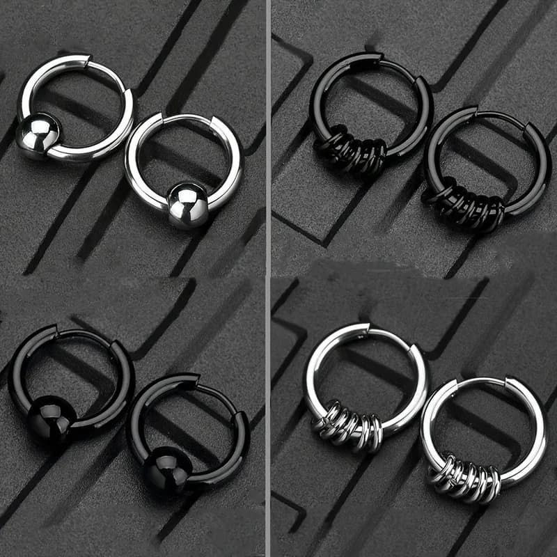 2pcs Stainless Steel Hoop Earrings for Men Small Circle Metal Ball Anti-allergic Ear Buckle Rock Hip Hop Artificial Jewelry Gift