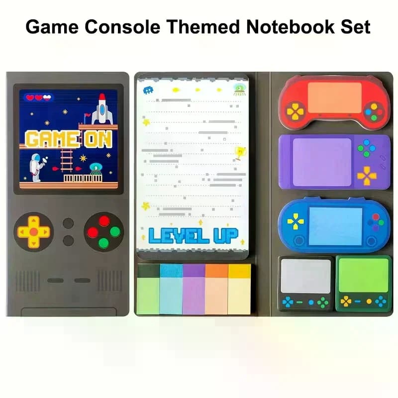 Set di blocchi per appunti a tema console di gioco con disegni ricchi e unici, foglietti adesivi autoadesivi e blocchetti memo riutilizzabili.