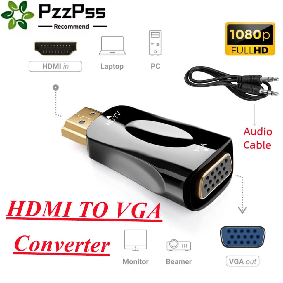 HDMI to VGA Converter Adapter with 3.5 mm audio interface, male to female, 1080P HD transmission