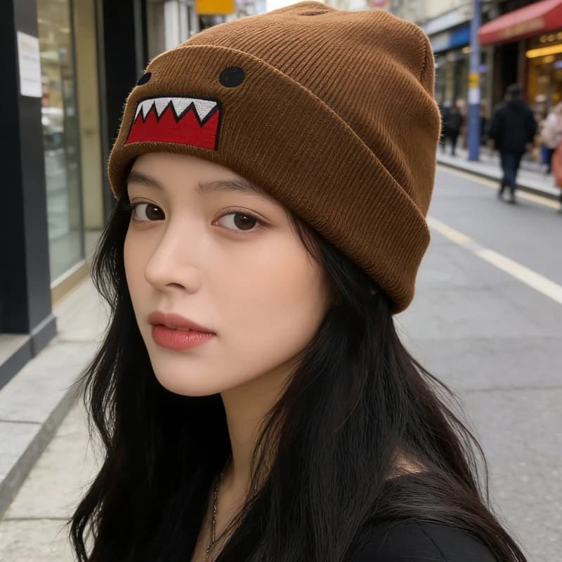 Cap Cartoon Domo Kun Style Y2K | Slouchy Hat in Maglia with Brown Monster Mouth print