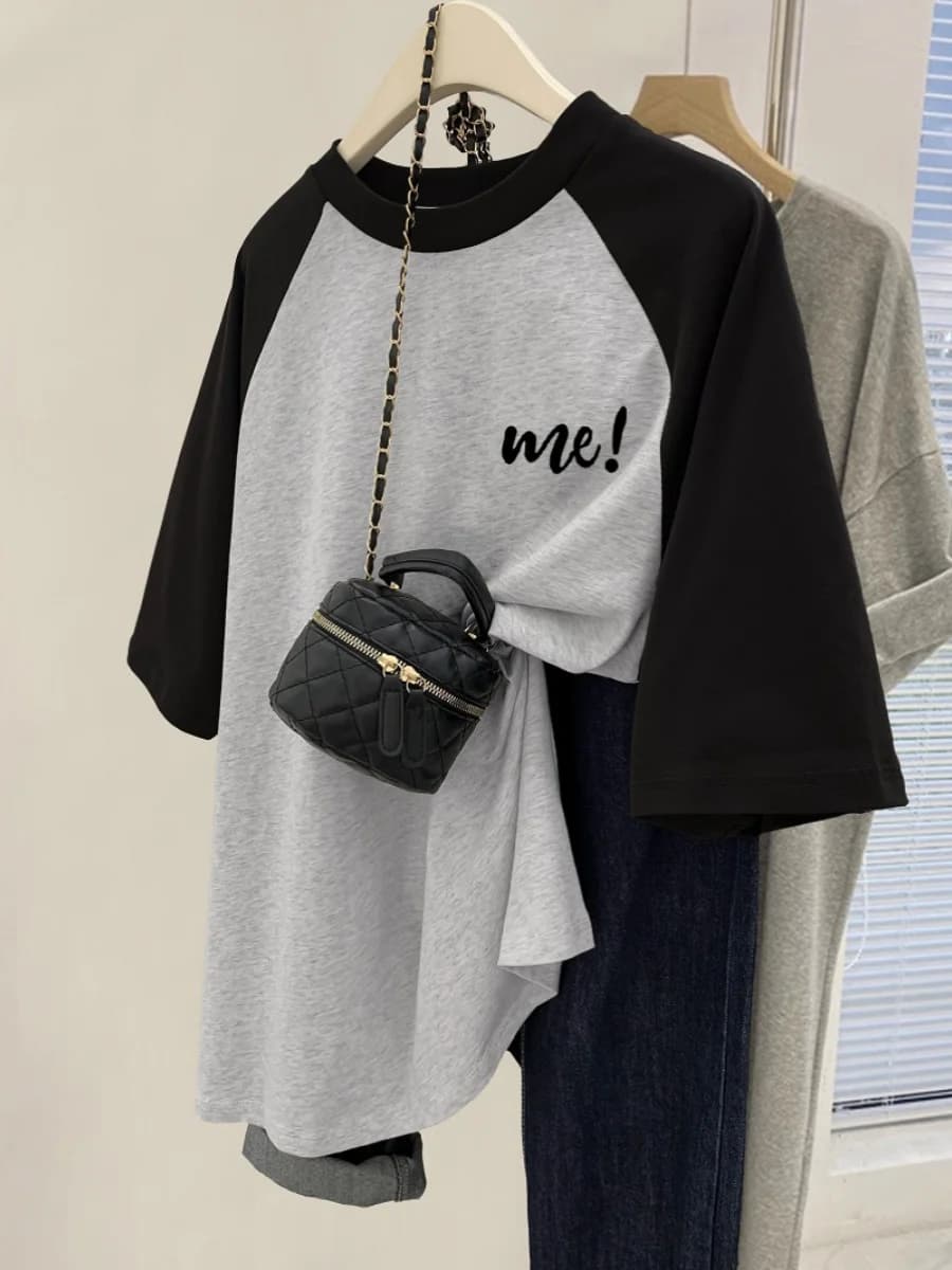 American Style plus Size Women's T-Shirt Shoulder Insert Short Sleeve Grey Korean Version Summer Casual Cotton round Neck Top
