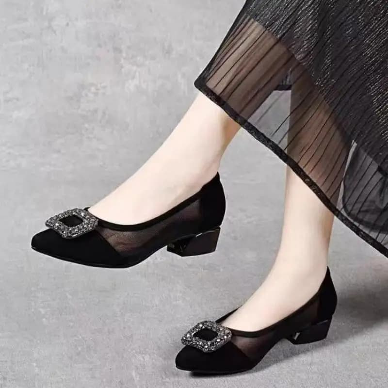Eleganti Scarpe con Tacco a Blocco e Punta Affusolata in Rete, Decorate con Fibbia Quadrata in Strass, Scarpe Traspiranti da Ufficio per Donne