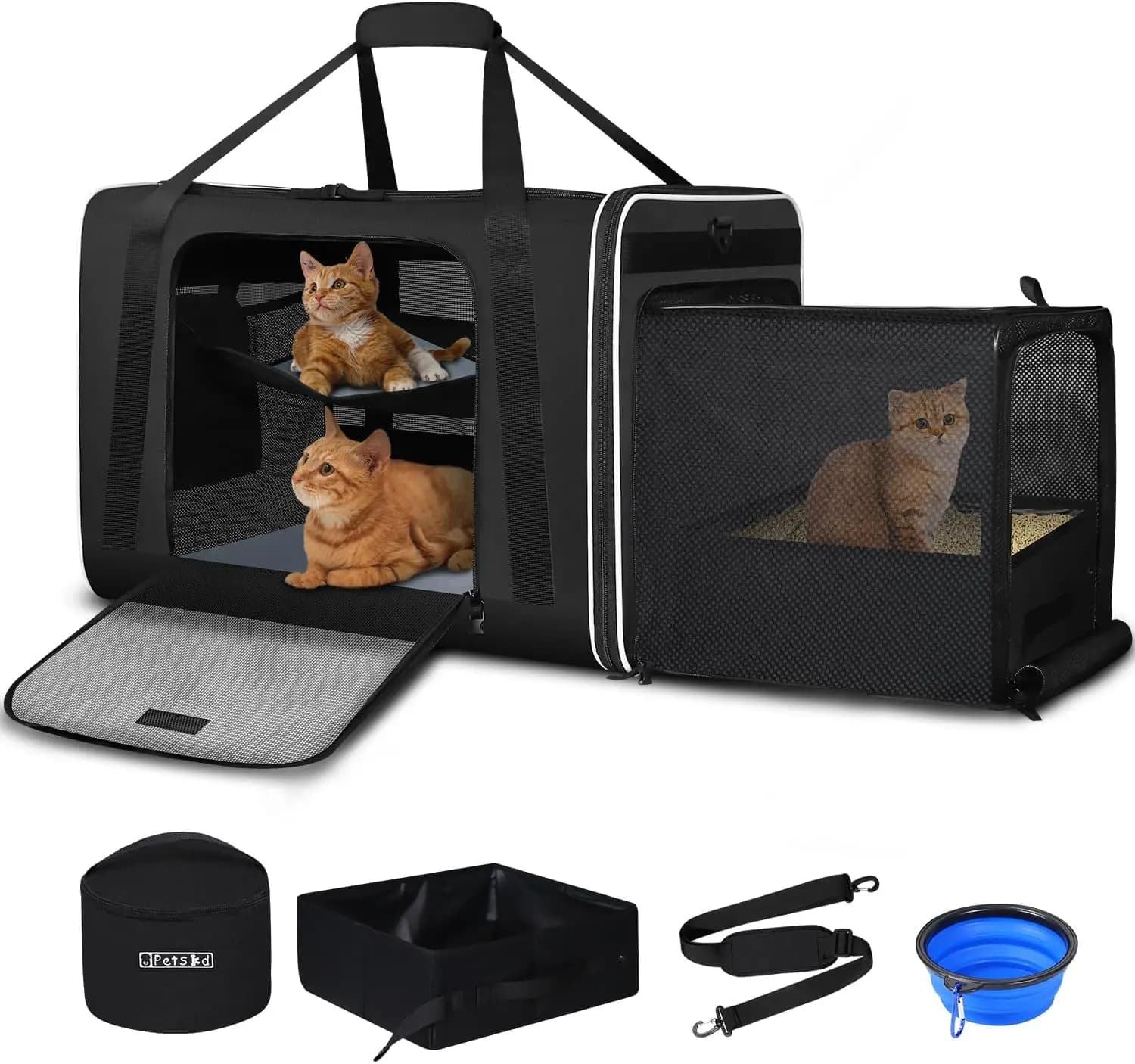 Side Expandable Extra Large Cat Carrier with Litter Box, Black | 24"x17"x17", Lockable Safety Zippers and Seat Anchors, for Car