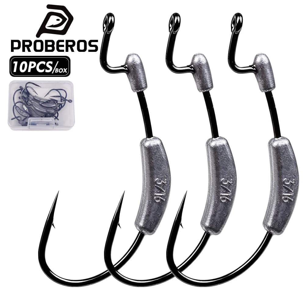 PROBEROS 10Pcs Box Weedless Double Sinker Lead Jig Hooks Sharp Barbed Wide Gap Jig Head Hooks Soft Plastic Lures Fishing Tackle