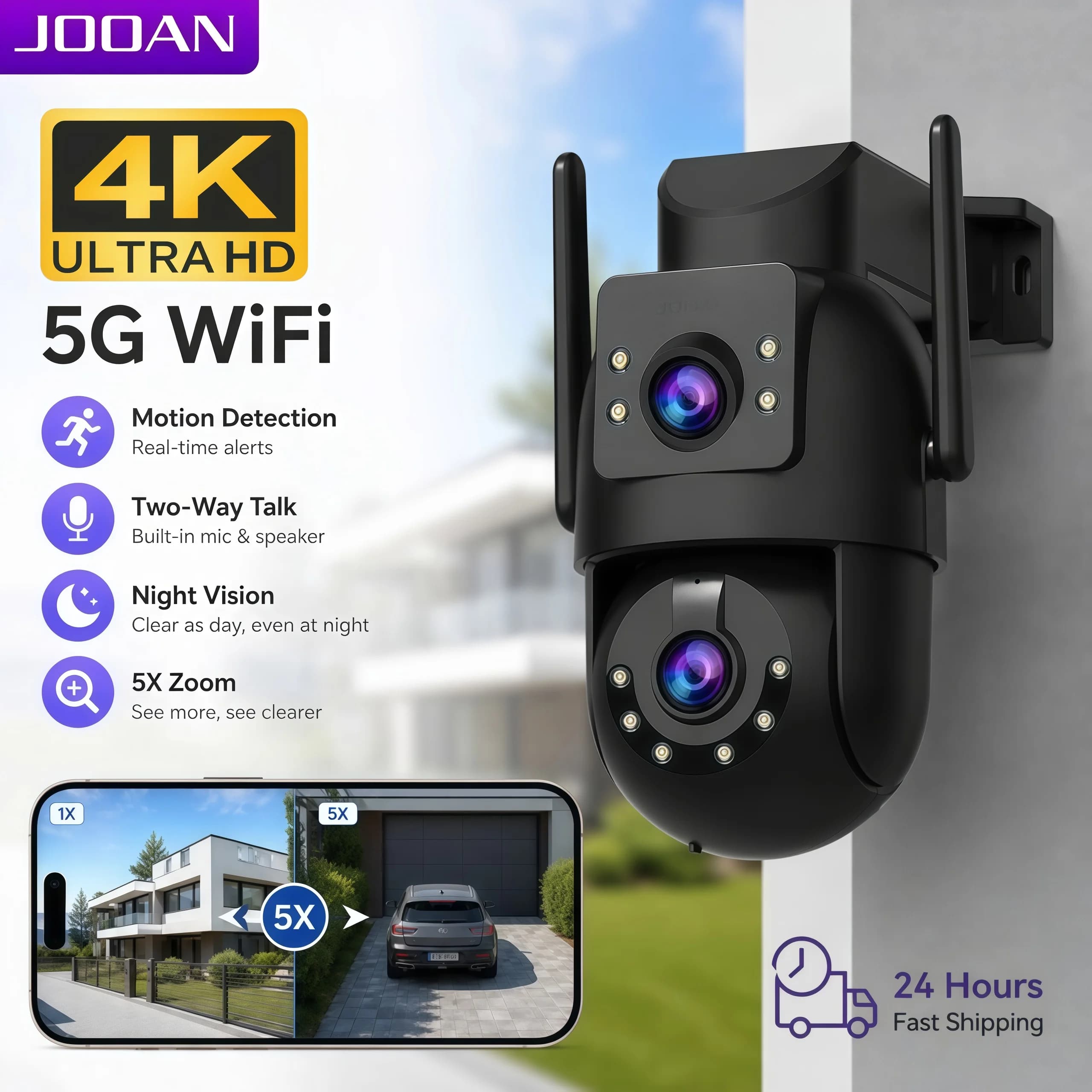 4K HD JOOAN PTZ WiFi camera for Exterior with Zoom 5X, Double lens, Double screen, Automatic connection, Night vision and Video surveillance