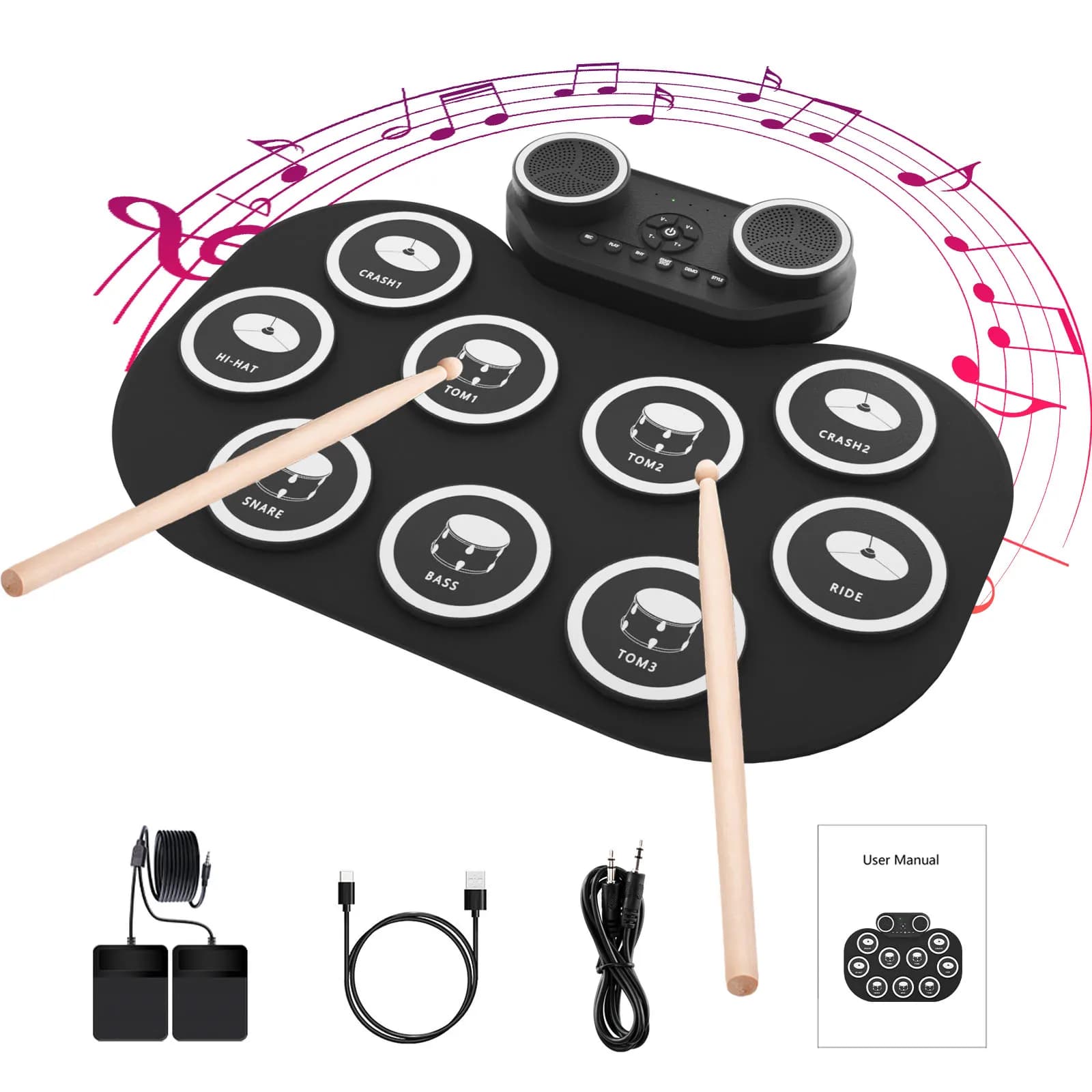 Set di batteria elettronica, 9 pad per esercitazione con jack per cuffie, pad per batteria arrotolabile con altoparlante integrato, pedali per batteria, bacchette per batteria