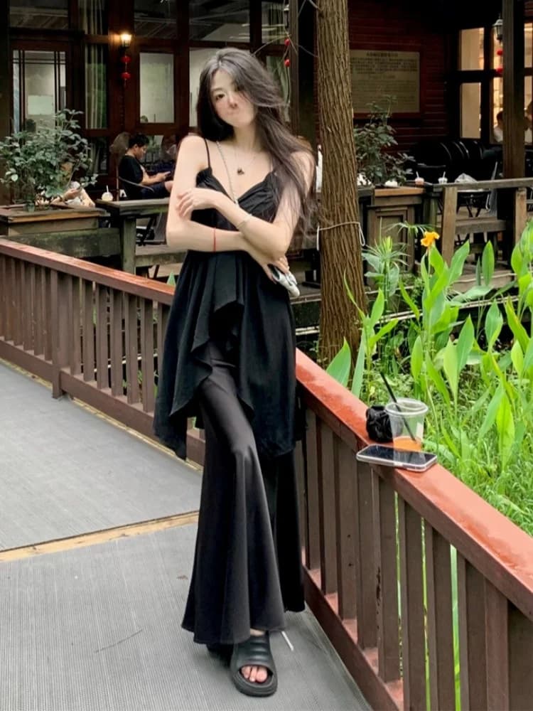 Black Asymmetrical V-Neck Strap Top And High Waist Midi Skirt Two-Piece Set for Women Summer Vacation Style Satin Finish Loos...