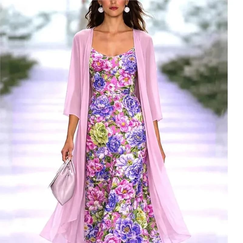 Women Cardigan Sunscreen Top Print Dress Two Pieces Sets Summer V-neck Sleeveless Dress & Long Top Casual Loose Vacation Outfit