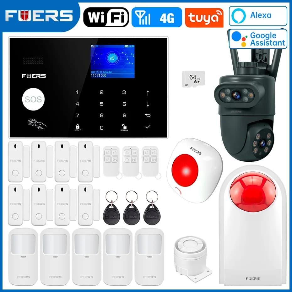 FUERS G34 Tuya Smart WIFI 4G Sistema di allarme Wireless Home Antifurto Sistema di allarme di sicurezza Sirena di controllo Rilevatore di fumo Cam esterna