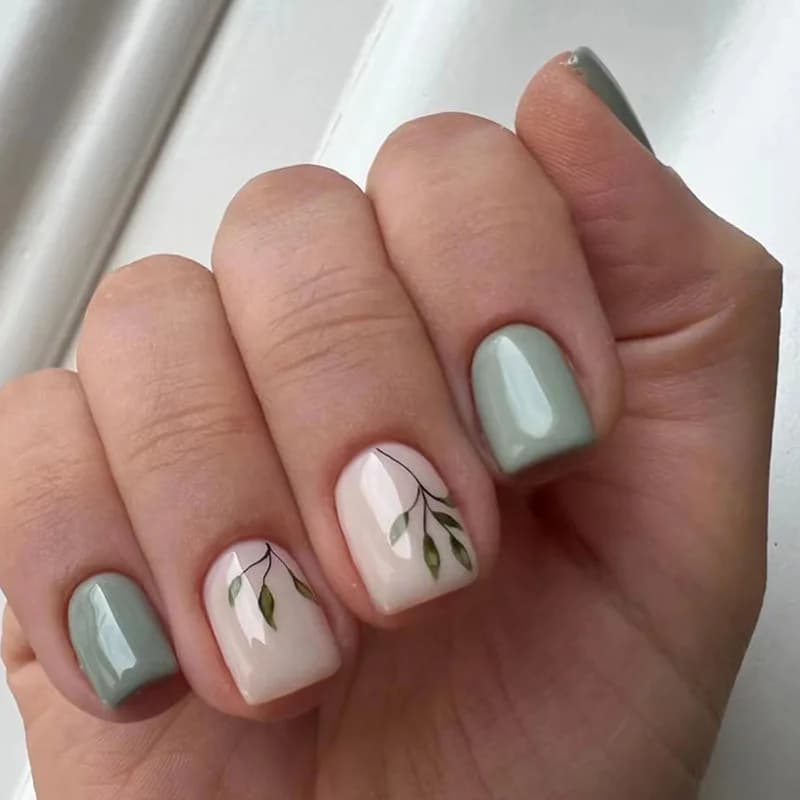 24 pezzi di unghie finte riutilizzabili, testa quadrata corta, stampa sulle unghie finte con foglie verdi, design indossabile, copertura completa, toppe per nail art