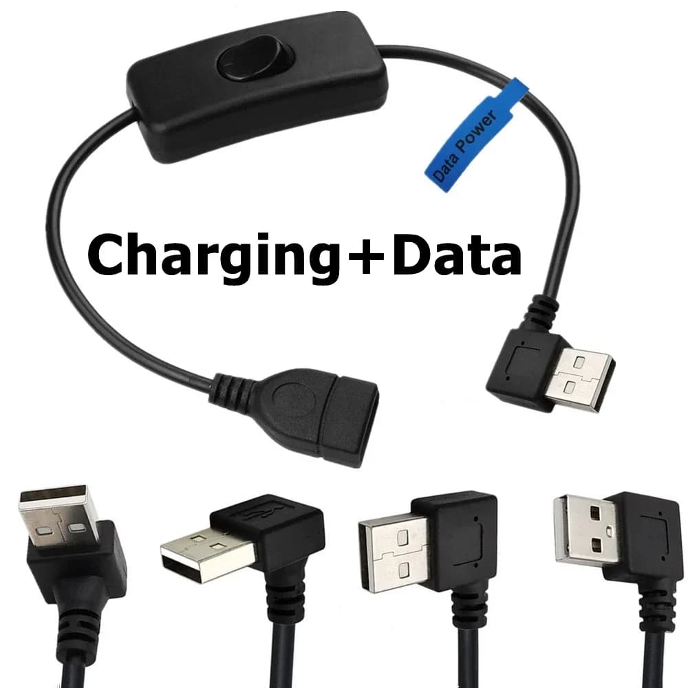 USB male-female extension charging data synchronization cable from 90 degrees with ON OFF switch LED indicator for LED lamp PC Raspberry Pi