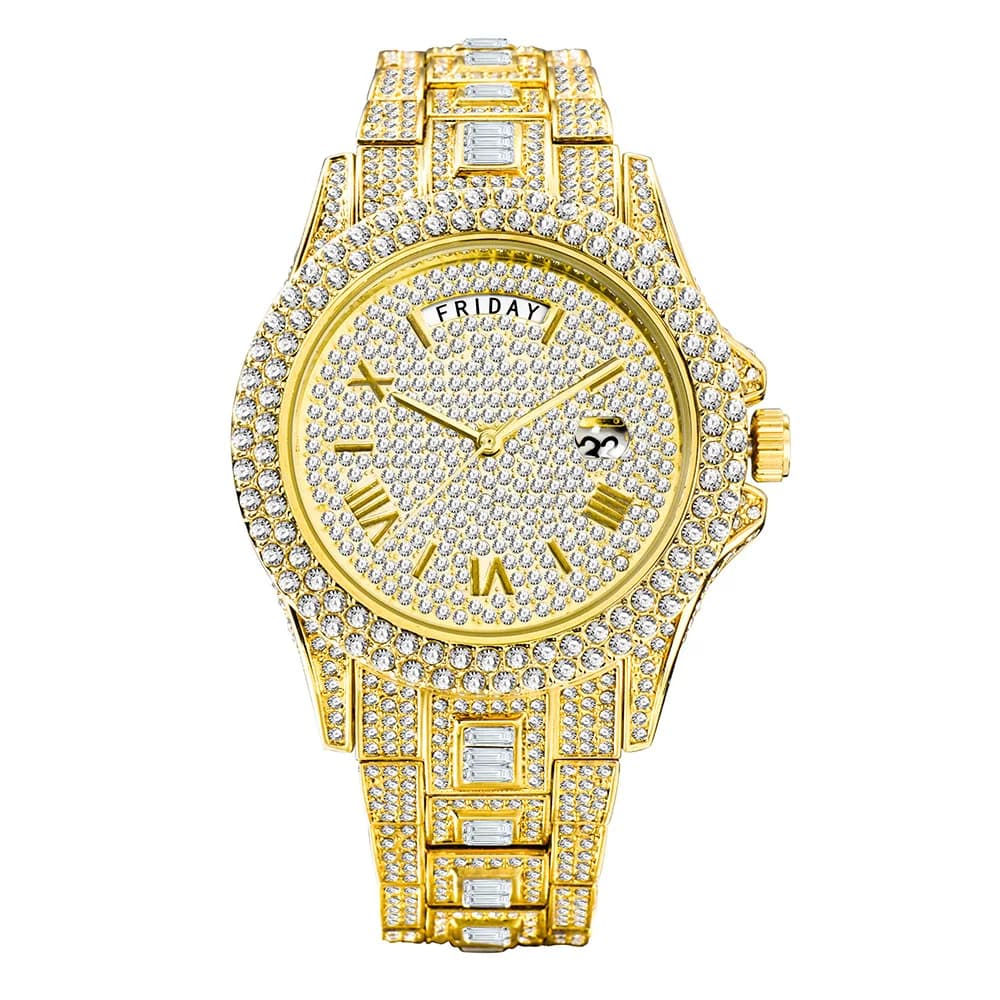 Hip Hop Bling Ice Stainless Steel Week Watch With Date, Waterproof Quartz Wrist Watch for Men Rapper Jewelry