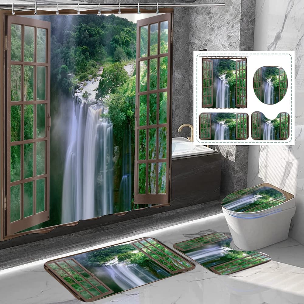 1 set di tende da doccia stampate con finestra in legno imitazione foresta a cascata, stile estivo, con 12 ganci e tappetini da bagno