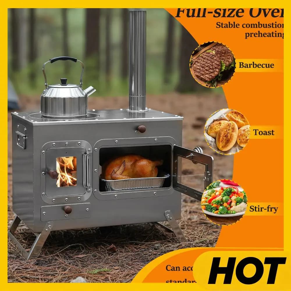 Wood stove with 4 pipes for Fumaria Canna, Stainless Steel Camping Stove for Heating and Open Kitchen, Ice Fishing, Hunting