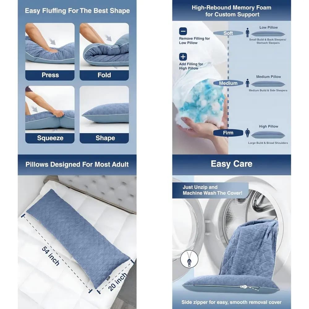 Long pillow in Memory Foam for Who Sleeps Side and Pregnancy Women, 20x54 Inches with Washable Lining, Blue
