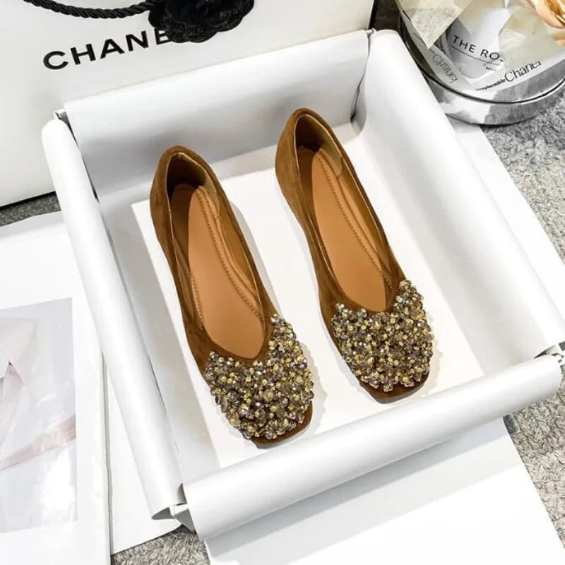 Scarpe Basse da Donna con Strass, Punta Quadrata, Comode per Camminare, Mocassini Casual, Taglie Grandi 34-43