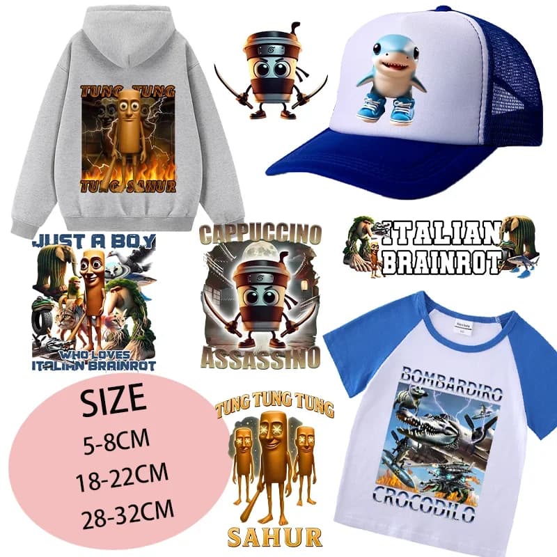 Adesivi per trasferimento di calore Brainrot italiano Berretto T-shirt Felpa con cappuccio Abbigliamento Toppe fai da te Ferro sulla trasferimento Telala Divertente squalo Applique Nuovo