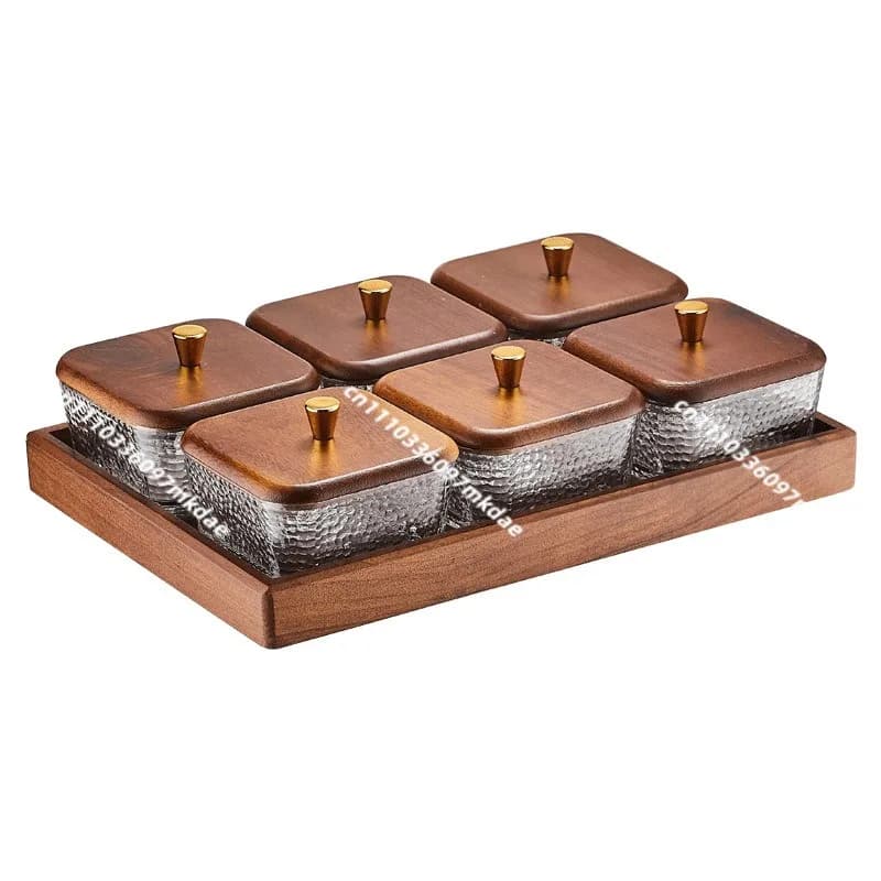 Scatola porta snack in noce, vassoio per frutta secca in vetro di lusso leggero, vassoio per dolci da tavolino, piatto a griglia per caramelle e rinfreschi