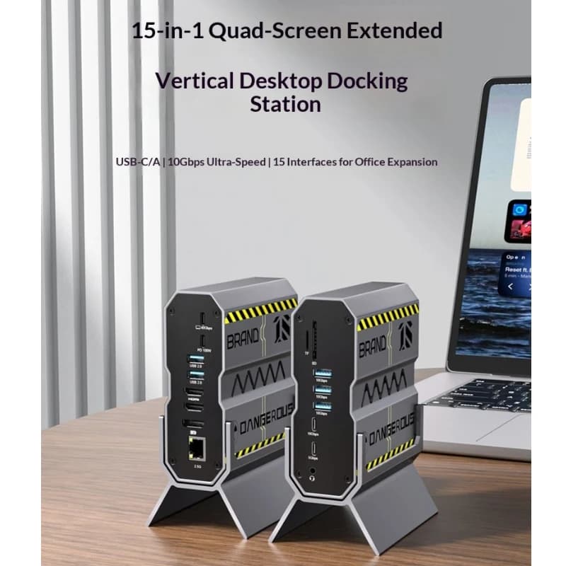 Docking Station Fmouse Typec 15 in 1 Verticale da Scrivania con 4 Display, Doppio HDMI 8K, Porta Ethernet 2.5G, Ricarica Rapida PD 100W per Ufficio