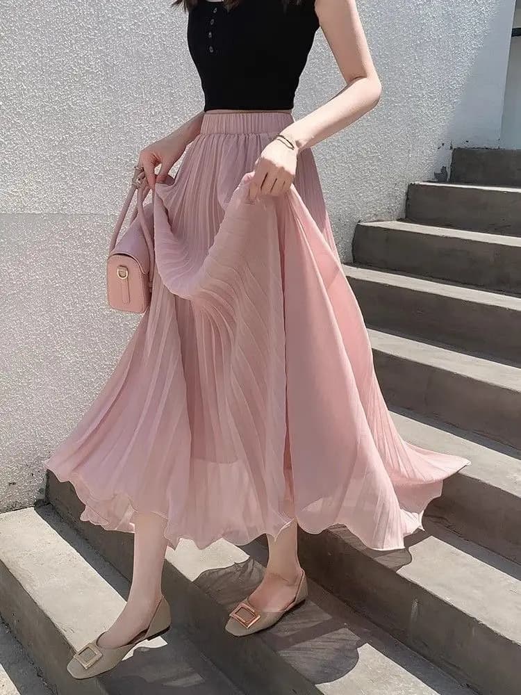 Girls Pink Chiffon Pleated Skirt High Waist A-Line Loose Gathered Full Skirt Half-length Skirts Spring Summer 2026 Polyester
