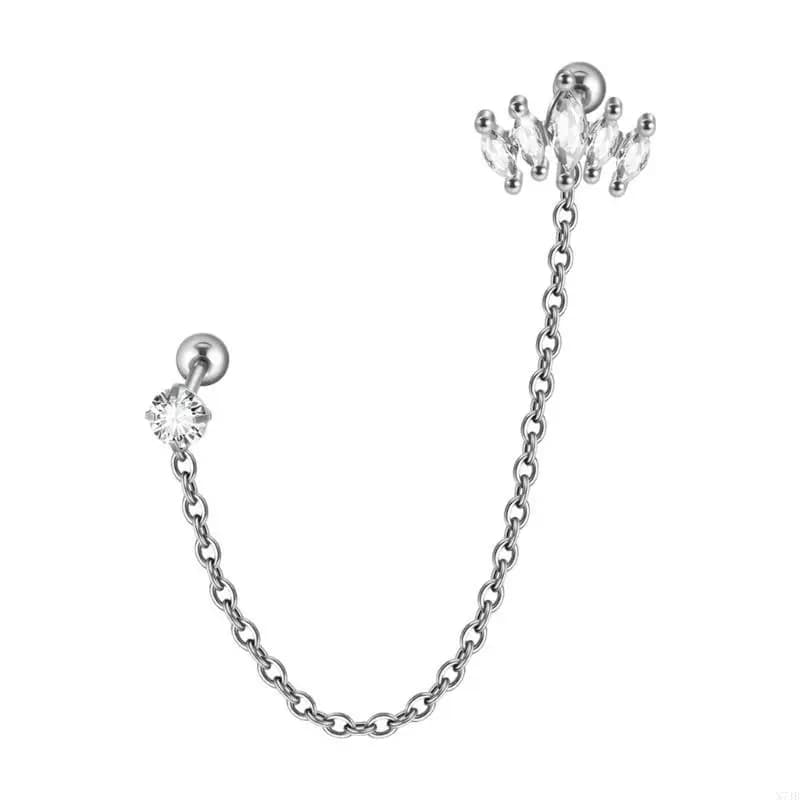 Stainless Steel Double Piercing Chain Earrings for Women Korean Flower Zircon Piercing Studs Earrings Fashion Jewelry