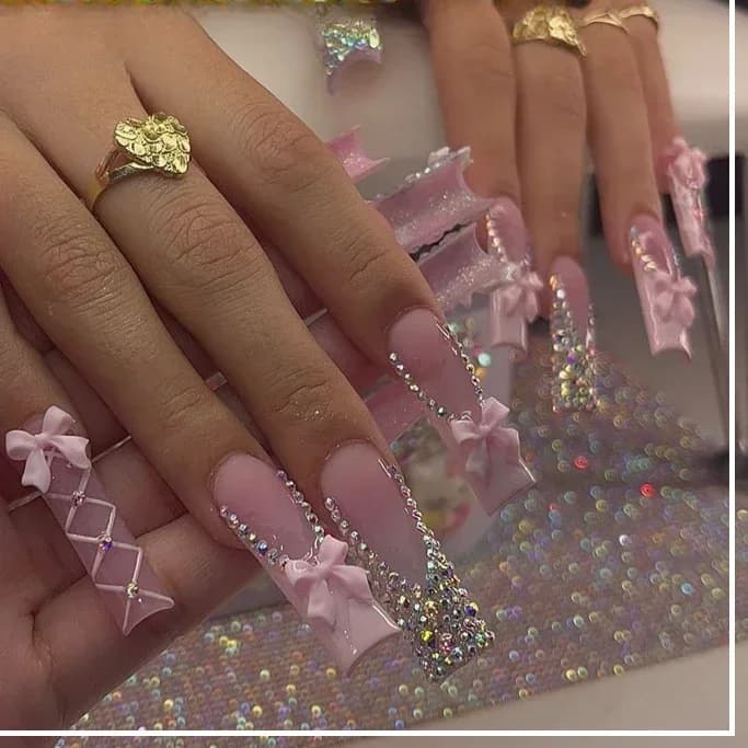 24 pieces long dancer fake nails press on nails flower snake with french fake nail rhinestones wearable tips for white nails