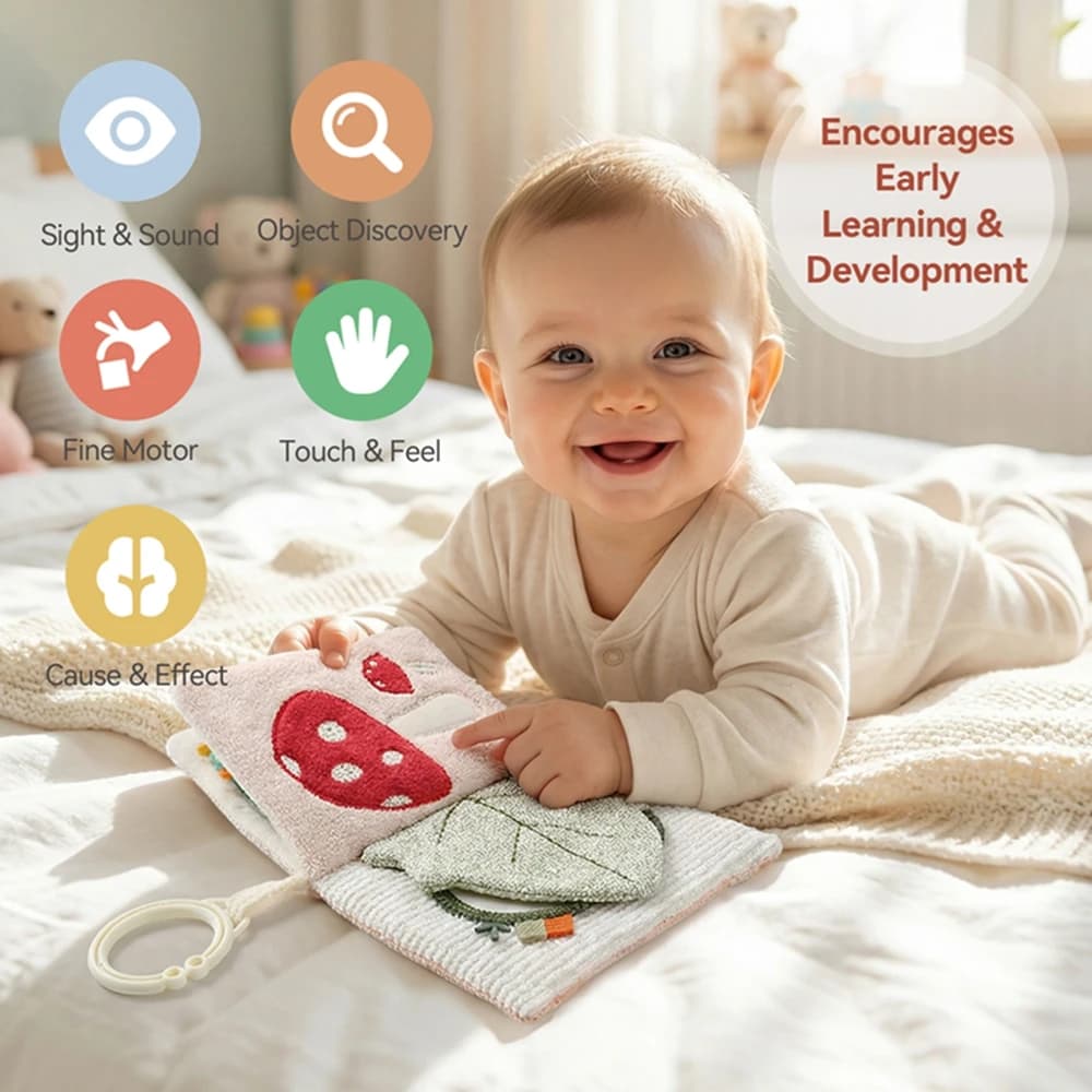 Baby Cloth Book Bear Plush Baby Sensory Crinkle Activity Book with Mirror Teether and Hanging Ring Early Educational Toys Gift
