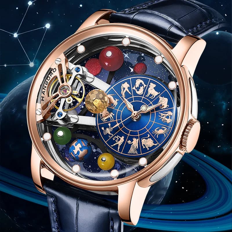HANBORO Serie Celestial, Orologio Meccanico Automatico da Uomo con 12 Costellazioni e Cielo Stellato Luminoso, Orologio di Tendenza