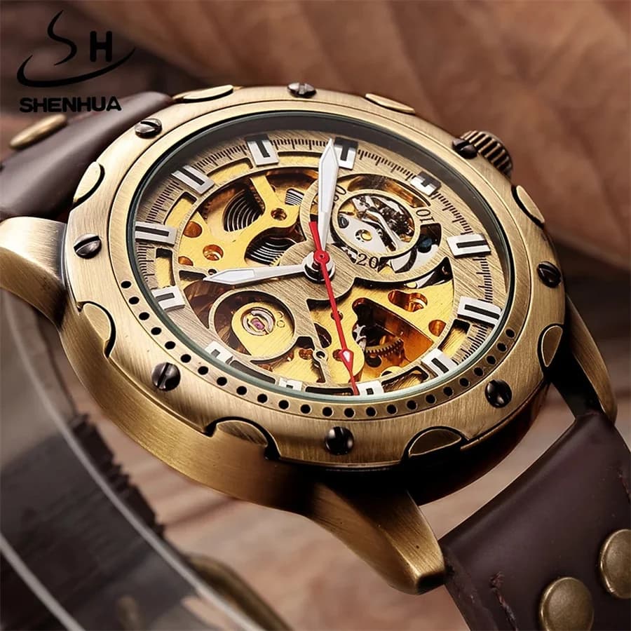 SHENHUA 9536A Nuovo Rotondo Steampunk Stile Uomo Scheletro Orologio Meccanico Automatico Bronzo Maschio Teschio Orologio Sport addiesdive orologi