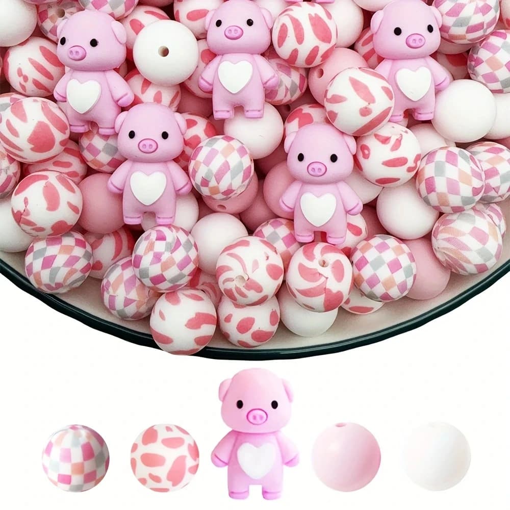 Set di 25 perline in silicone maiale/animale, perfette per l'artigianato fatto a mano fai-da-te come portachiavi, collane, bracciali, ecc.