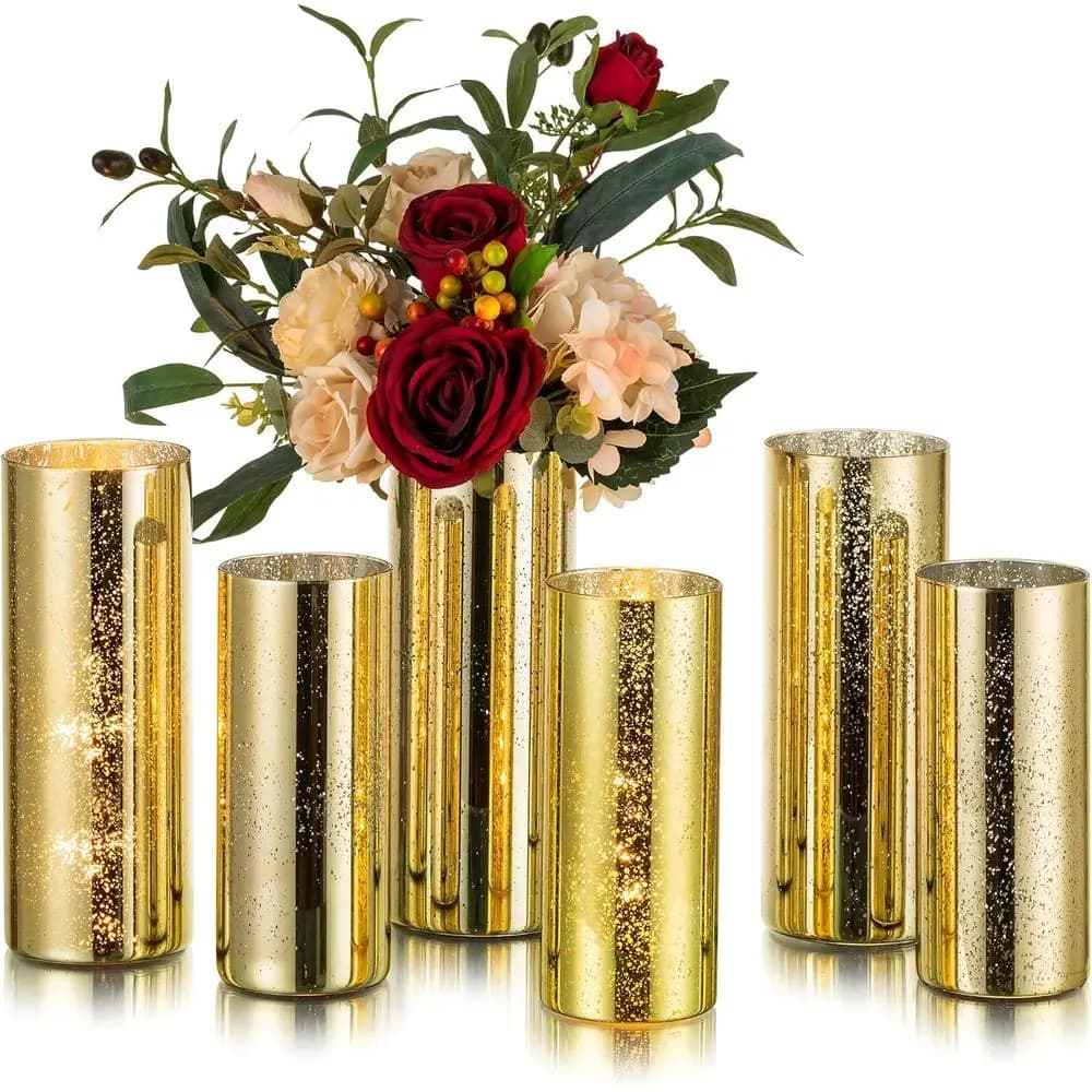 Gold or centred cylindrical vases: Set of 6 glass jars effect mercury or decorative column candle holders or for weddings