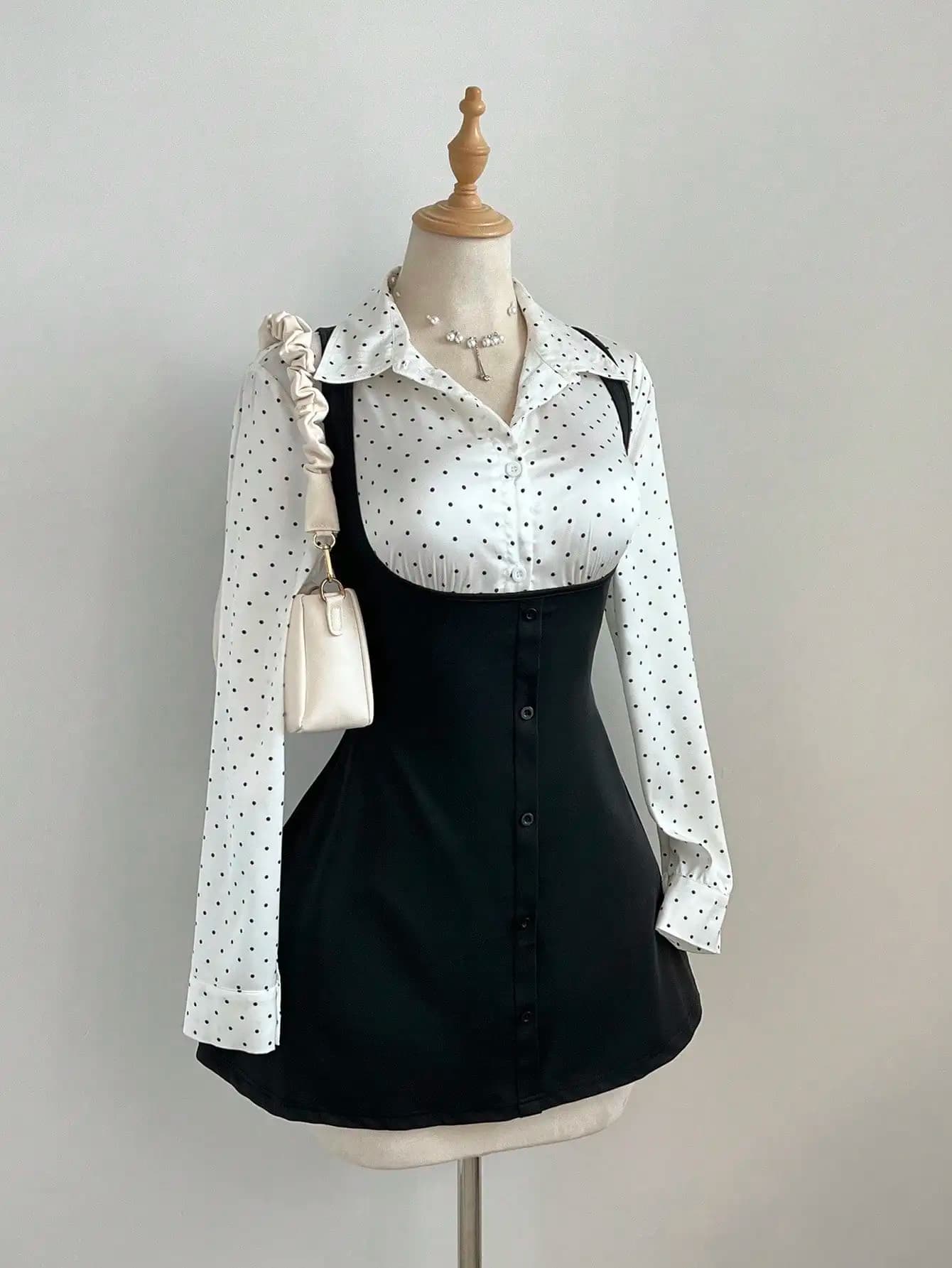 Camicia a maniche lunghe in raso a pois da donna e vestito sottoveste, set da 2 pezzi