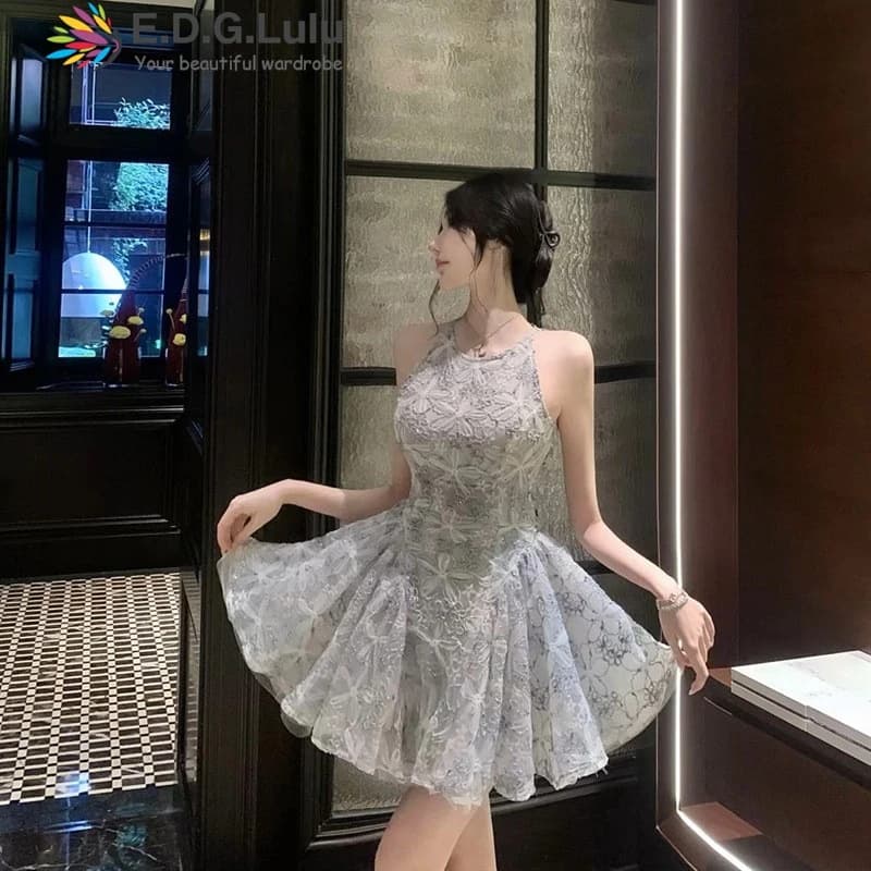EDGLuLu Abito Elegante da Festa Senza Maniche con Collo Rotondo, Mini Abito Rosa e Bianco con Ricami Floreali in Pizzo per Compleanno