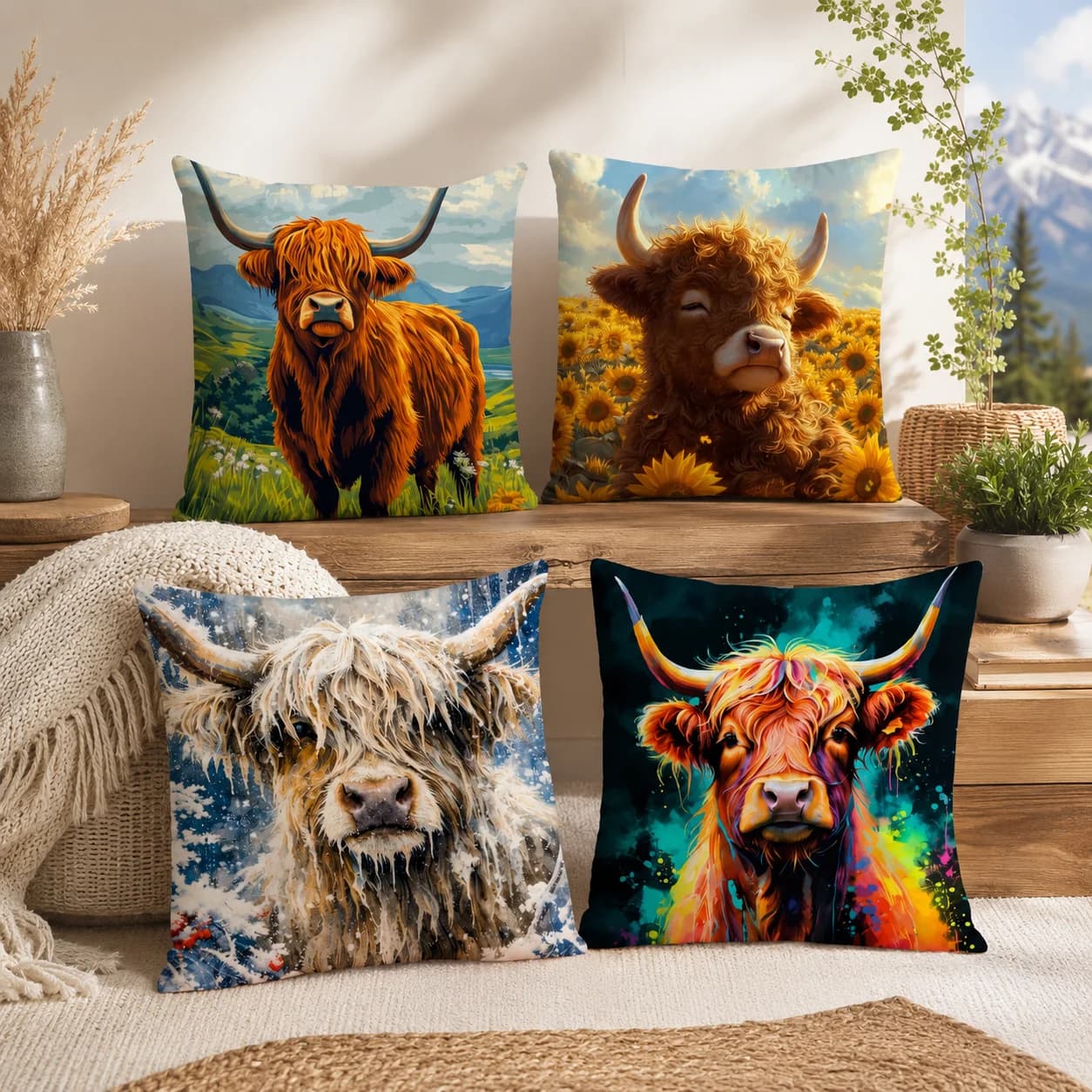 Funny Animals Highland Cow1 Cushion Cover Silky Short Plush With Invisible Zipper Dustproof Sofa Pillow Cover For Home Decor