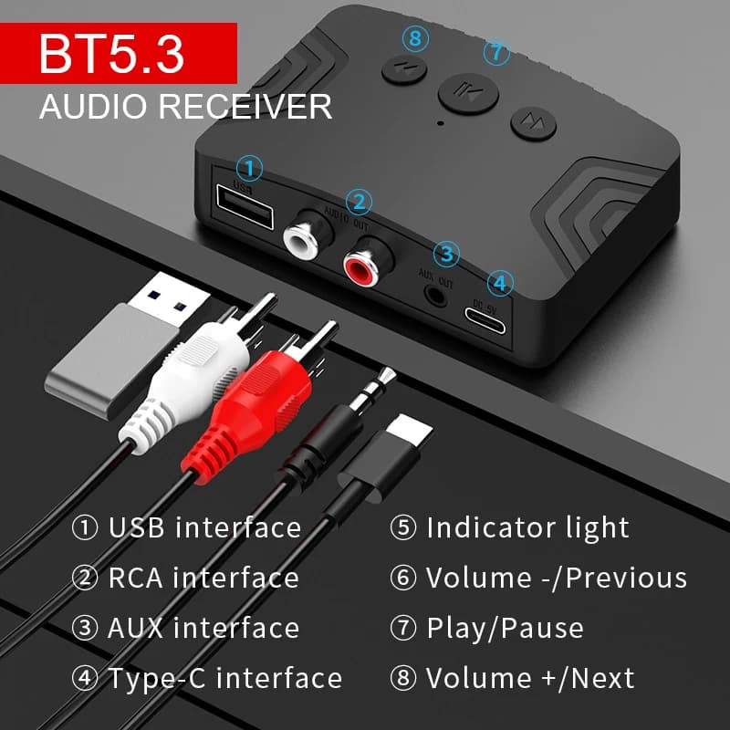 Bluetooth 5.3 3.5mm AUX RCA USB Wireless Adapter for stereo music Support U disc playback for car kit Speaker Amplifier