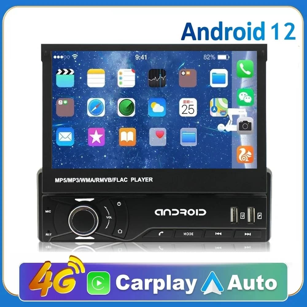 Android 12 Universale 1din Autoradio CarPlay Navigazione GPS Lettore multimediale 1 Din Car Stereo Schermo retrattile da 7 pollici