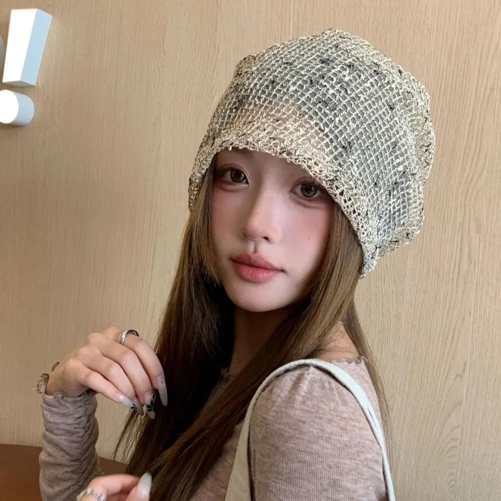 Bohemian Style Mesh Beanies Hat Handmade Korean Style Knitted Hat Apparel Accessories Ethnic Style Hollowed Out Beanie Cap
