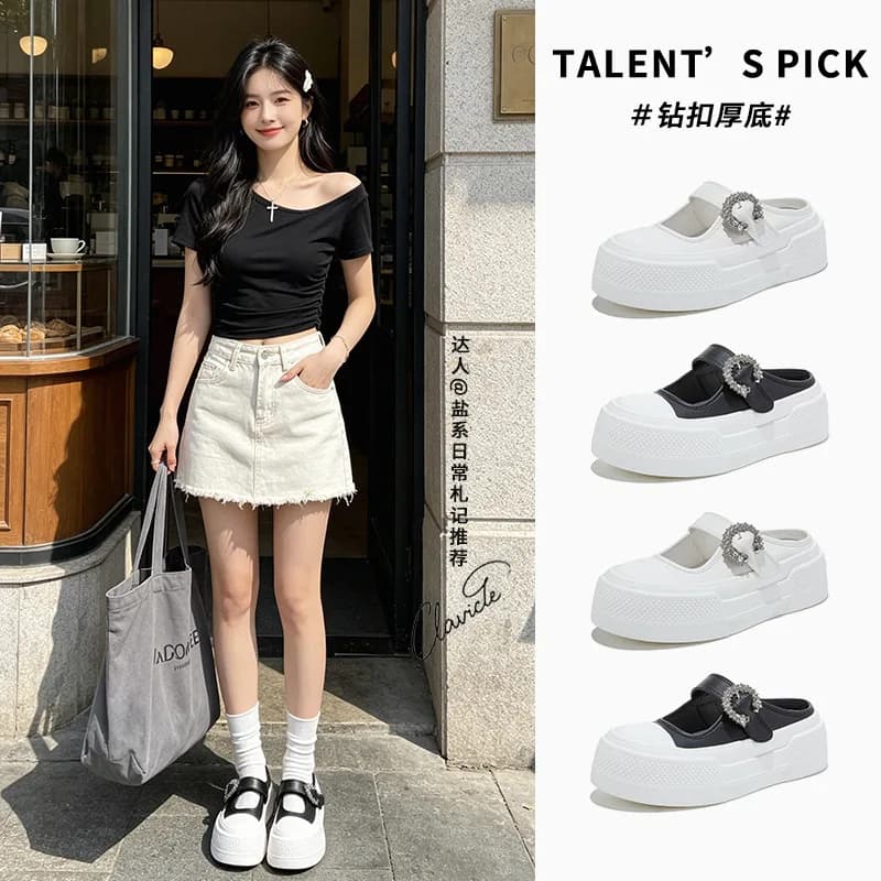 Foam Bottom Leather Bag Head Slippers Women's Summer New Thick-soled Casual Mary Jane Shoes Casual Rhinestone Half Drag