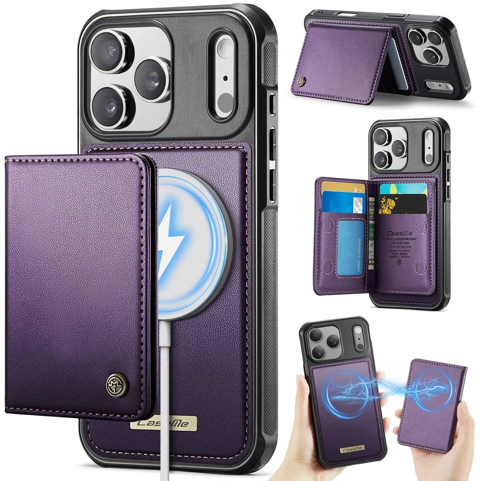 Custodia a portafoglio per iPhone 17/Air/16e/15/14/13/12/11 Pro Max 16 Plus Porta carte magnetiche RFID Cavalletto staccabile Cover antiurto