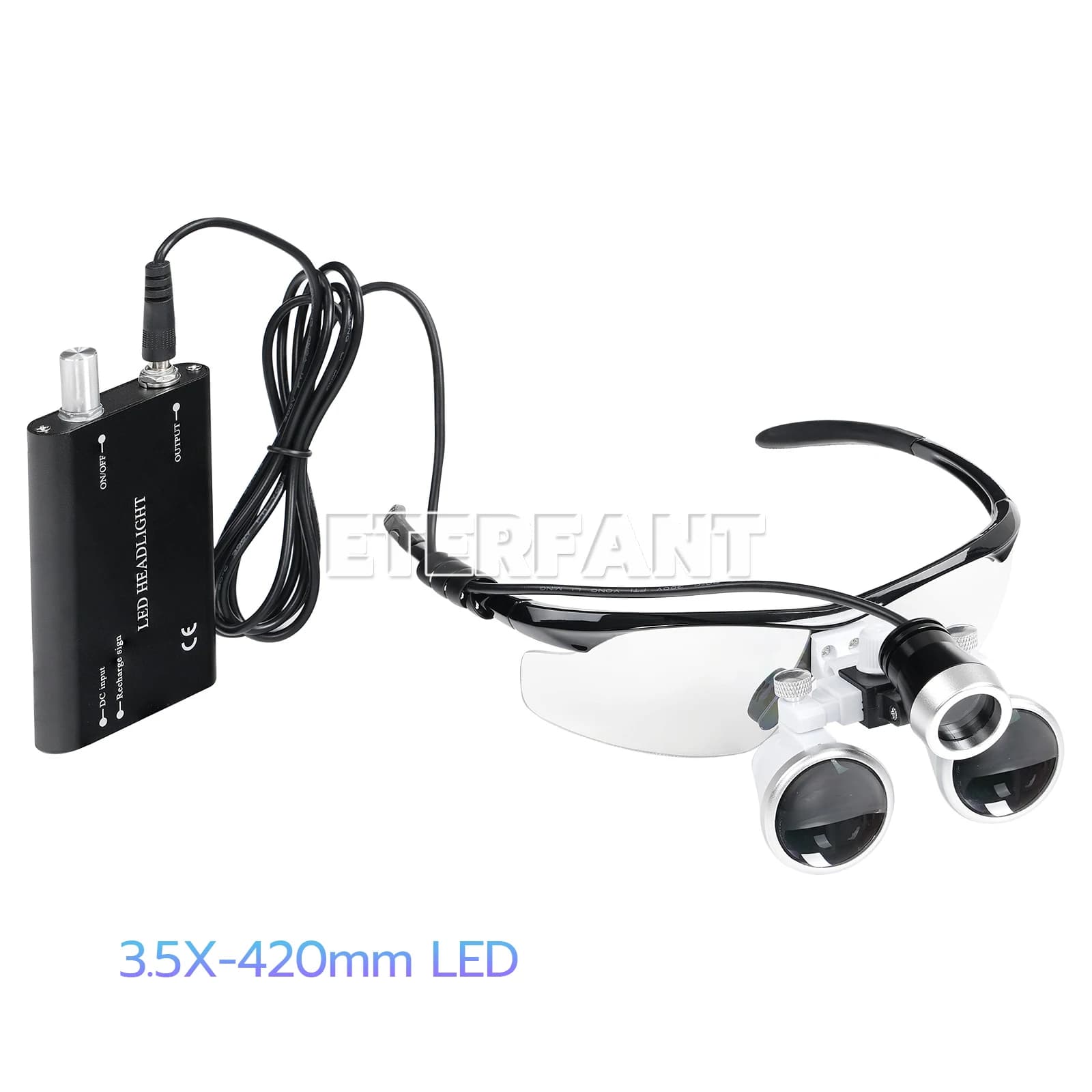 Lente d'ingrandimento binoculare medica ETERFANT 3.5x 420 mm + Lampada frontale chirurgica a LED 3W Nera