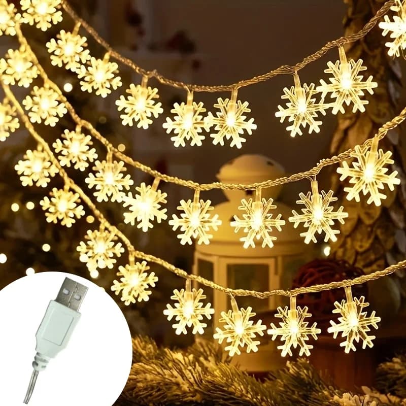 USB Snowflake LED String Lights， Christmas Lights， Fairy Lights， Holiday Party Indoor Home Wall Decorations。