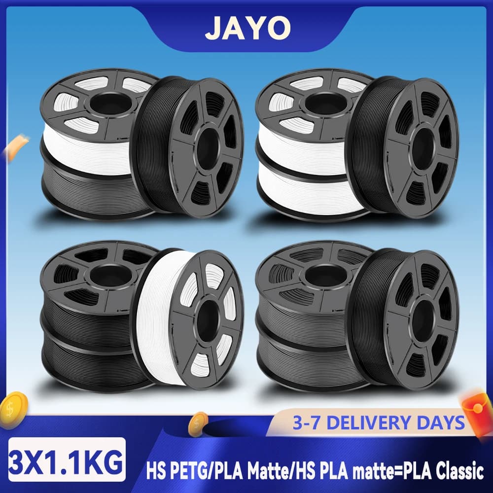 JAYO 3 rotoli di filamento per stampante 3D PLA opaco/HS PLA opaco (=PLA Classic)/HS Matte PETG 1,75 mm, avvolto con cura e non tossico, per stampa 3D