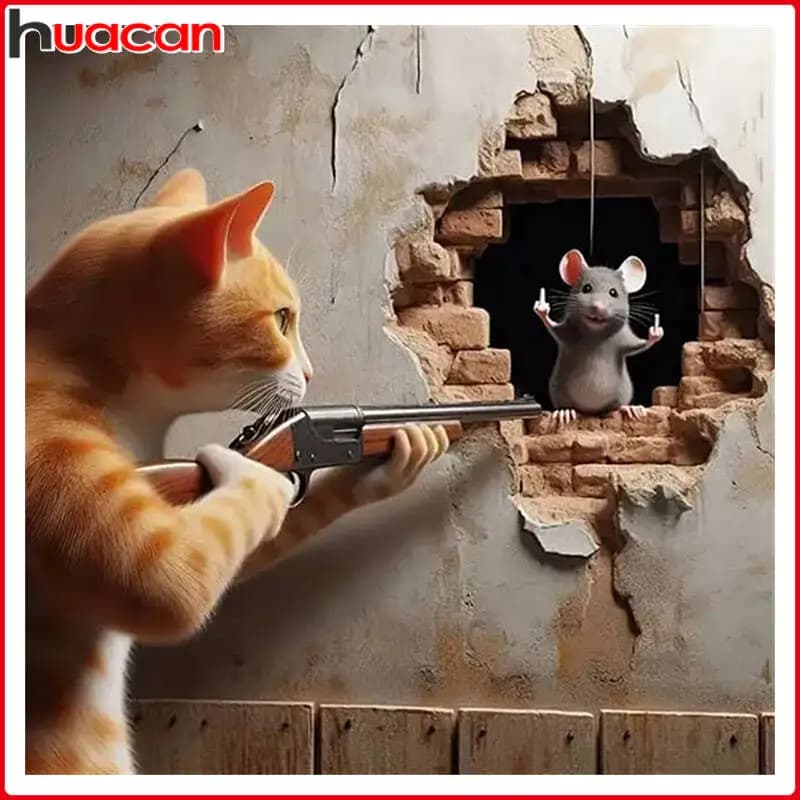 HUACAN Animal Diamond Painting DIY Cat Mouse Gunfull Square Round Diamond Mosaic Handmade Gift New Collection 2025