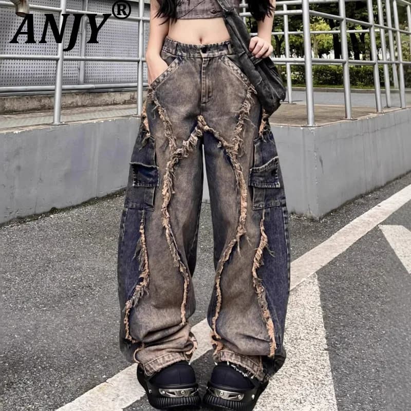 ANJY Autunno Nuove Donne Alla Moda Distressed Industria Pesante Color Block Lavato Bordo Sfilacciato Jeans Hip Hop Street Pantaloni a Gamba Larga A17893