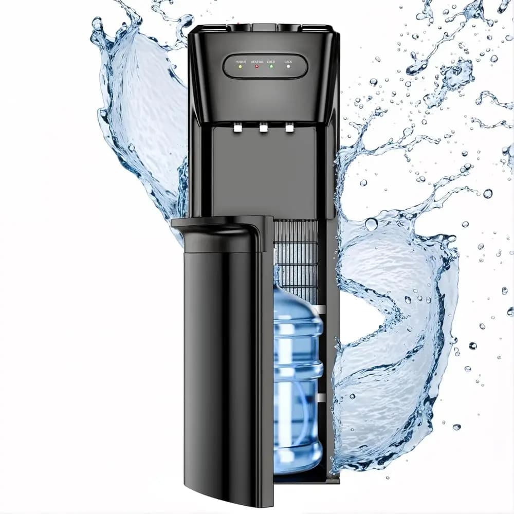 Dispenser d'Acqua a Caricamento dal Basso a 3 Temperature con Avviso Bottiglia Vuota, Blocco Bambini, Adatto per Ufficio e Casa, Finitura Nero Opaco