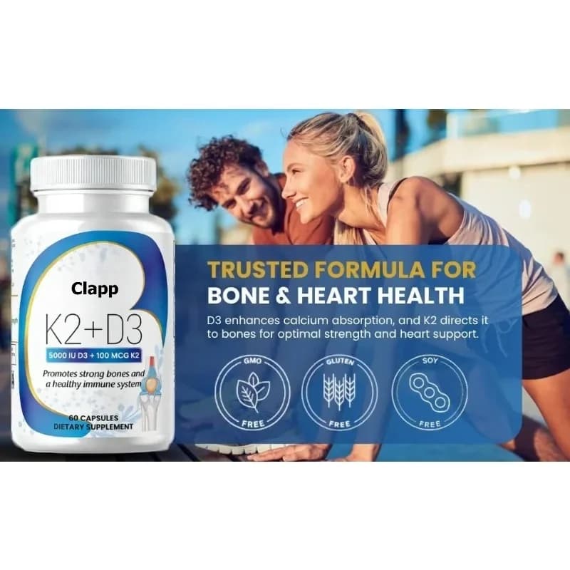 K2+D3 Vitamin Supplement, 5000 IU D3100 MCG K2, Bone Immune Health Support, 60 Capsules