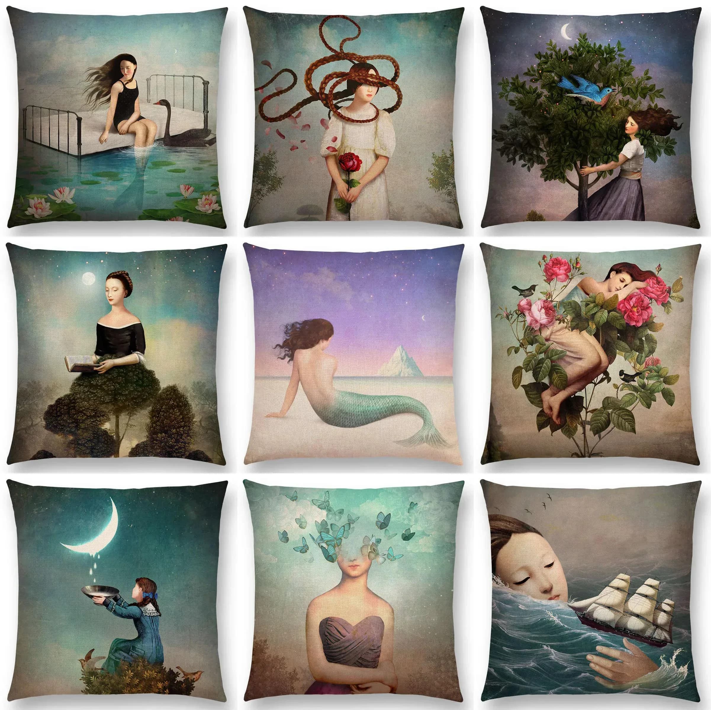 45x45cm donne eleganti bella ragazza shaker Fantasy Painting Moon Night Swan Dream Tree fodera per cuscino divano fodera per cuscino