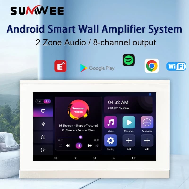 Amplificatore audio a 2 zone da parete 8x30W Android Smart Bluetooth lettore audio pannello di controllo touch screen WIFI Sistema musicale di sottofondo