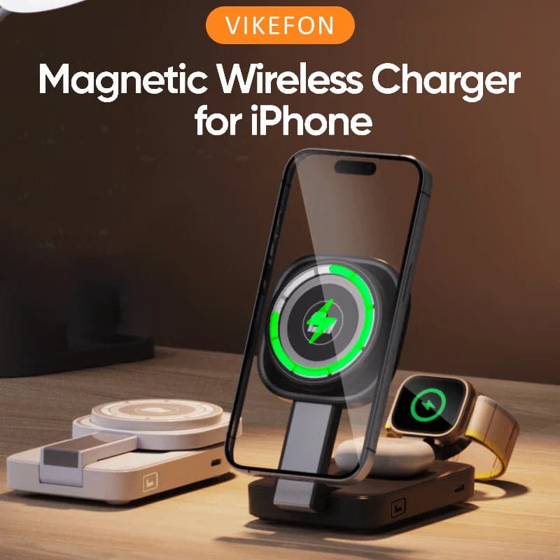 Foldable LED Light 3 in 1 Magnetic Wireless Charger Stand For iPhone 17 16 15 Pro Apple Watch 2-9 SE Airpods Pro Fast Charging